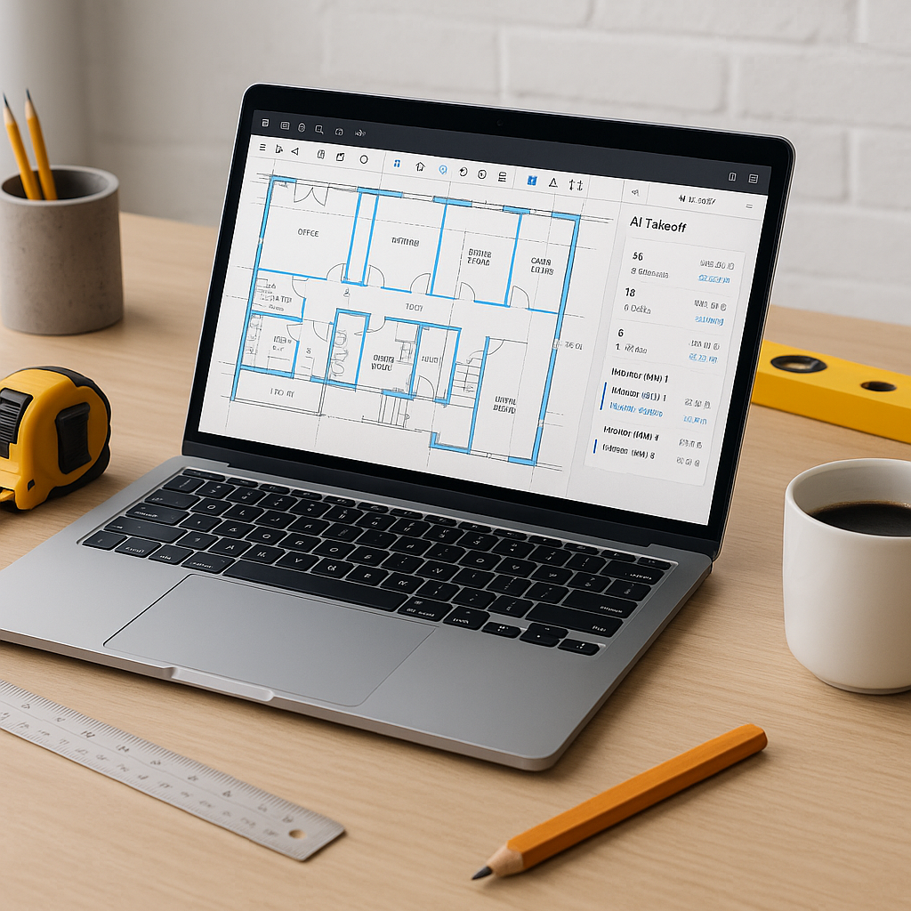 A construction estimator's desk with a laptop showing an AI-powered takeoff tool analyzing a detailed PDF drawing. Inclu...
