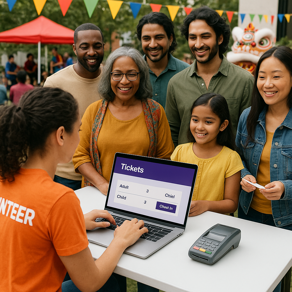 A community event in progress: a diverse group of people at a local cultural festival, with a volunteer managing a table...