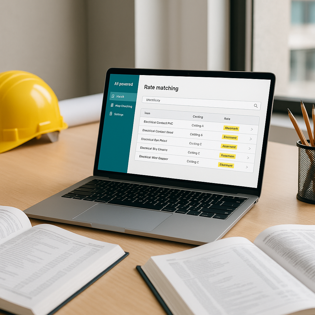 A construction estimator's desk with a laptop displaying AI-powered rate matching software; open rate catalogs and highl...
