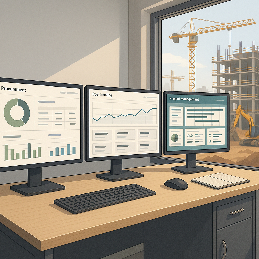A realistic illustration of a construction site office with multiple screens showing real-time dashboards for procuremen...