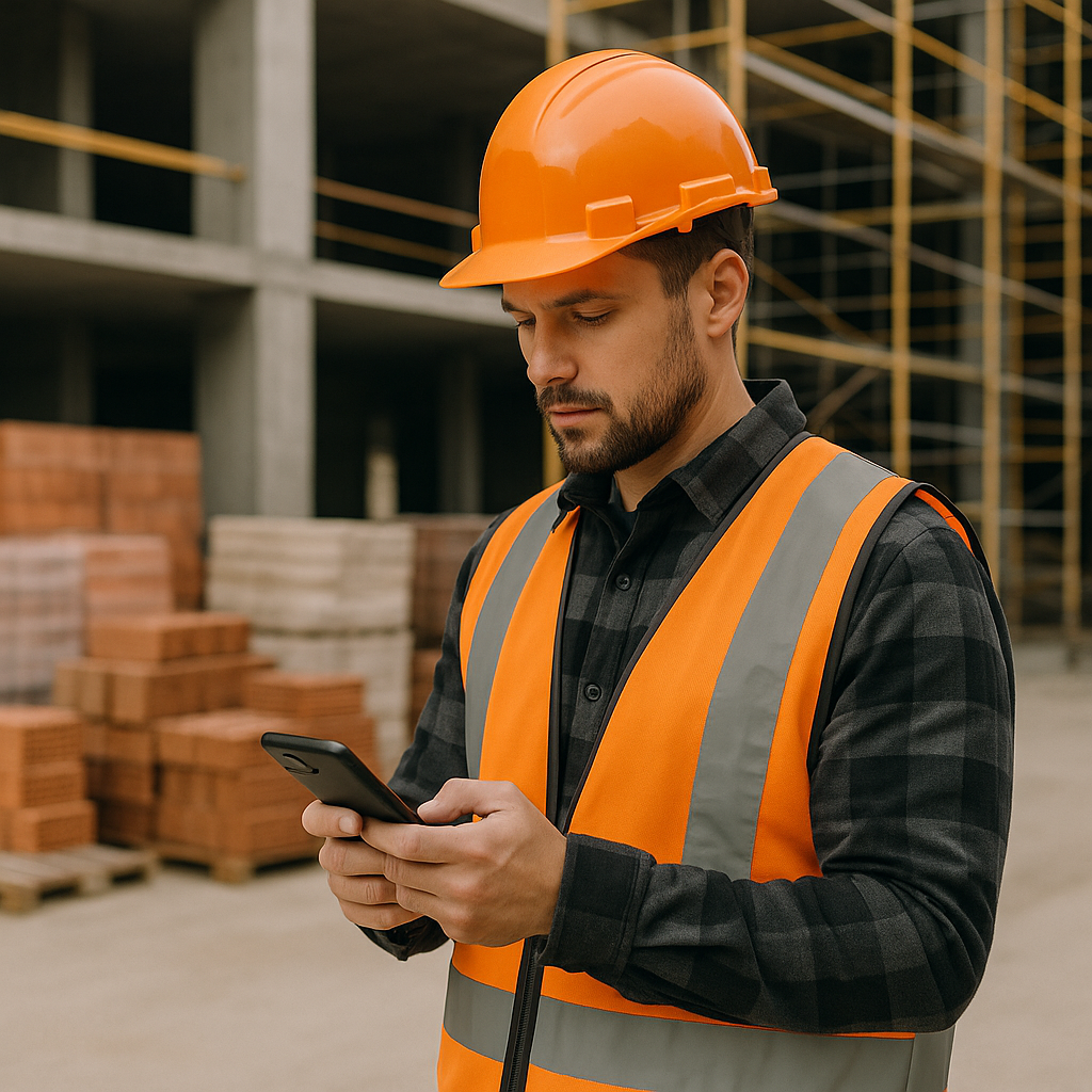 A contractor on-site using a mobile app to input BOQ details, with construction materials and scaffolding in the backgro...
