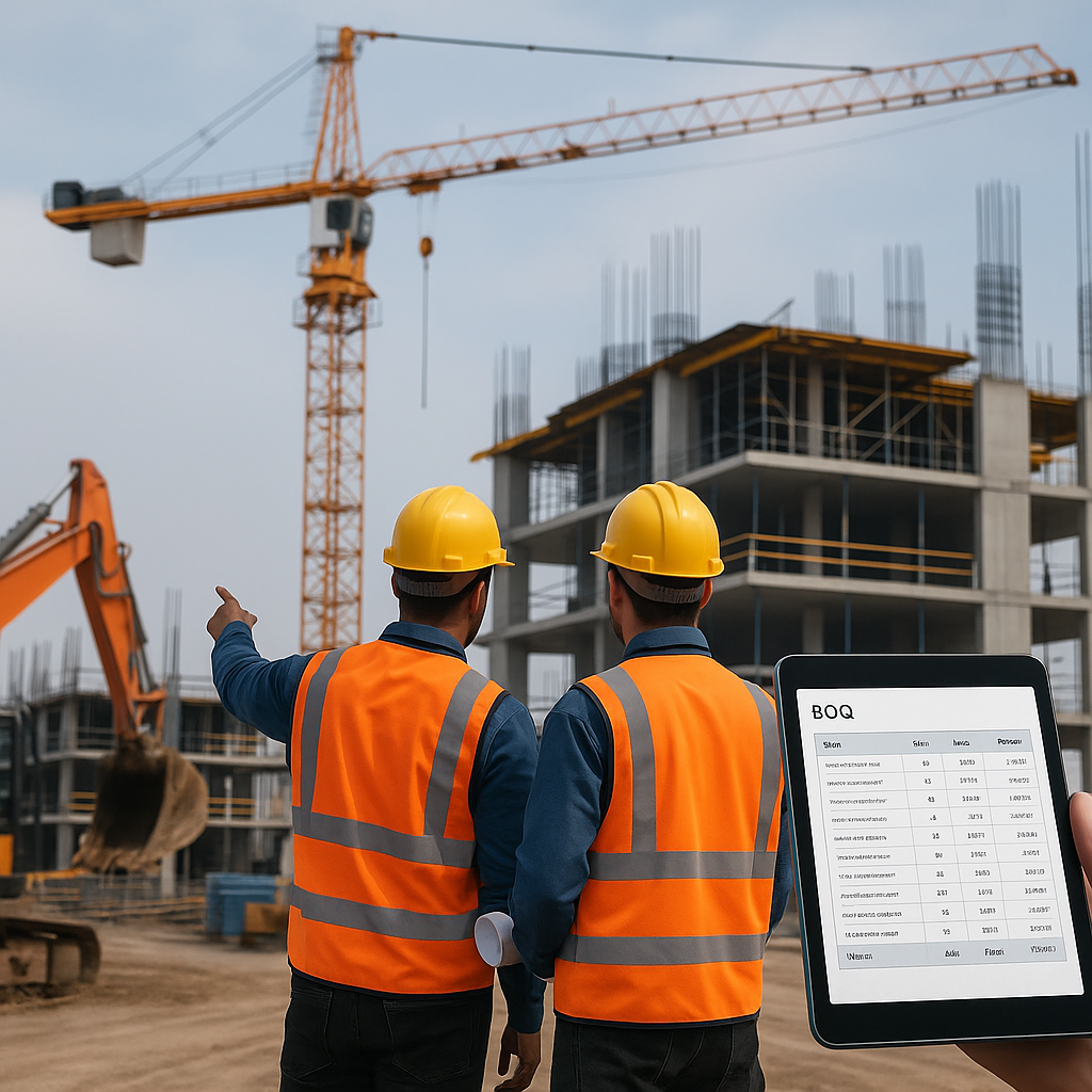A high-tech construction site with advanced machinery, workers in safety gear, and a visible BOQ report on a tablet, sym...
