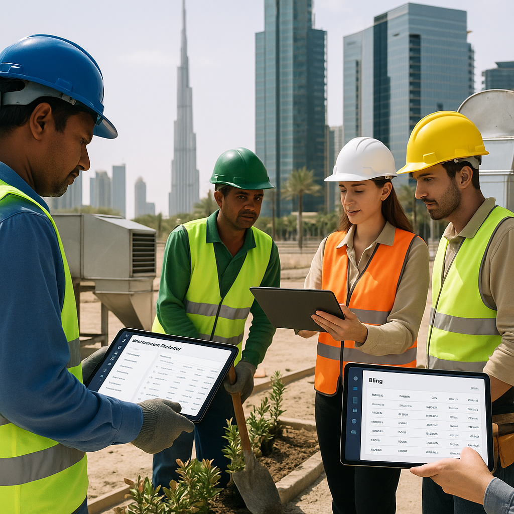 A UAE construction site with workers from multiple trades (HVAC, landscaping, interior design) collaborating, with visib...