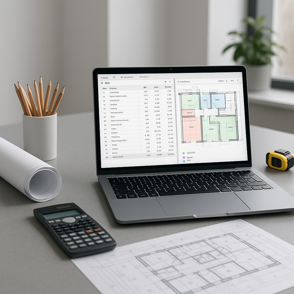 A modern construction estimator's desk with a laptop running AI-powered takeoff software, showing a detailed BOQ and PDF...
