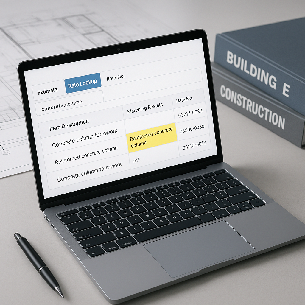 A sleek, modern construction estimator's desk with a laptop running AI-powered software. The screen displays a rate-matc...