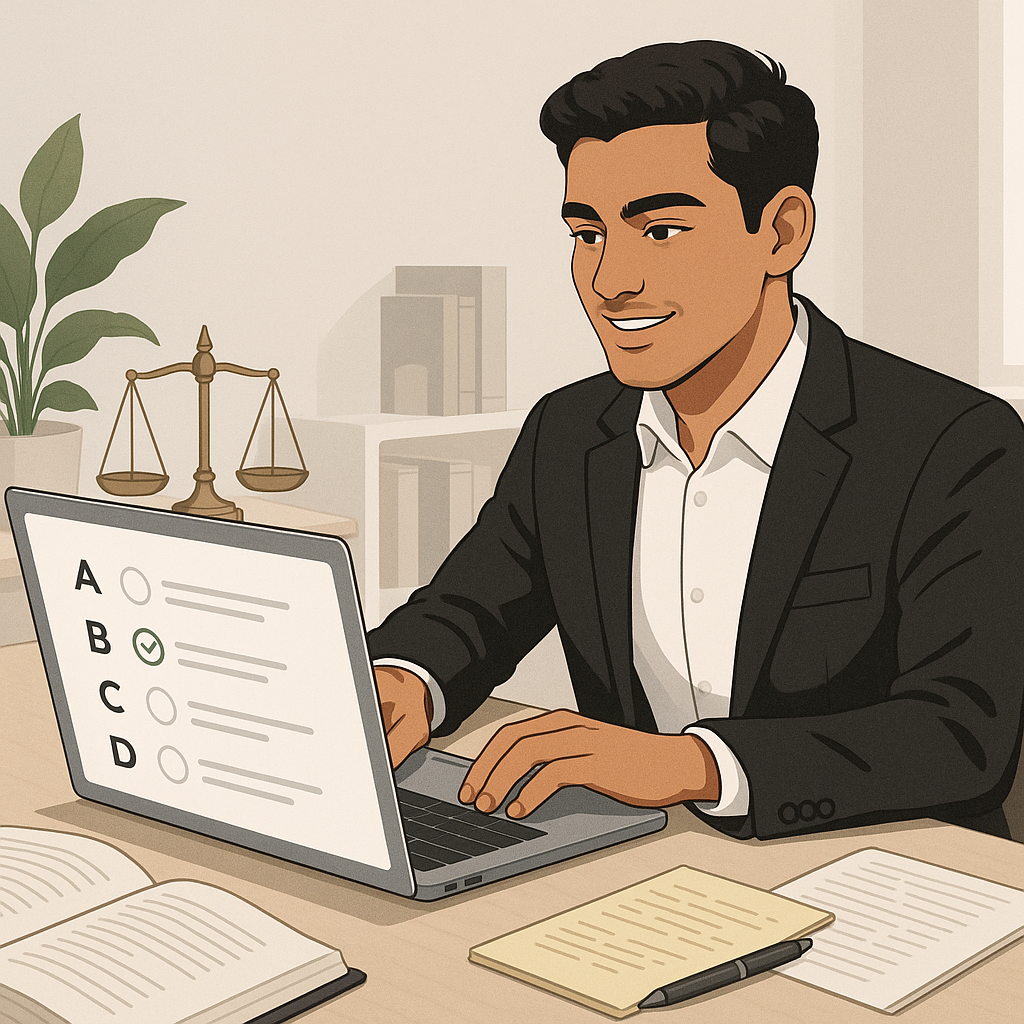 A realistic illustration of a law student confidently answering multiple-choice questions on a laptop, with a clean desk...