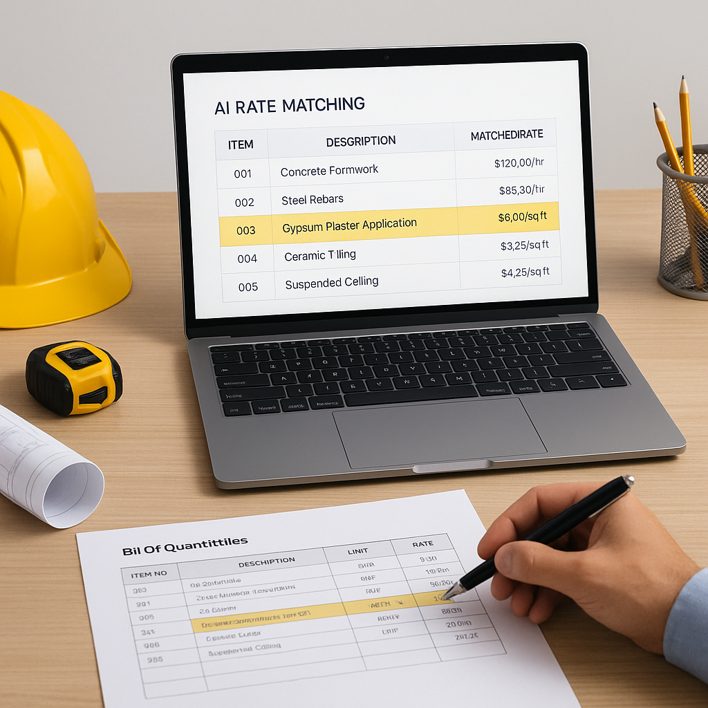 A construction estimator's desk with a laptop showing AI-powered rate matching software, a partially completed BOQ, and...