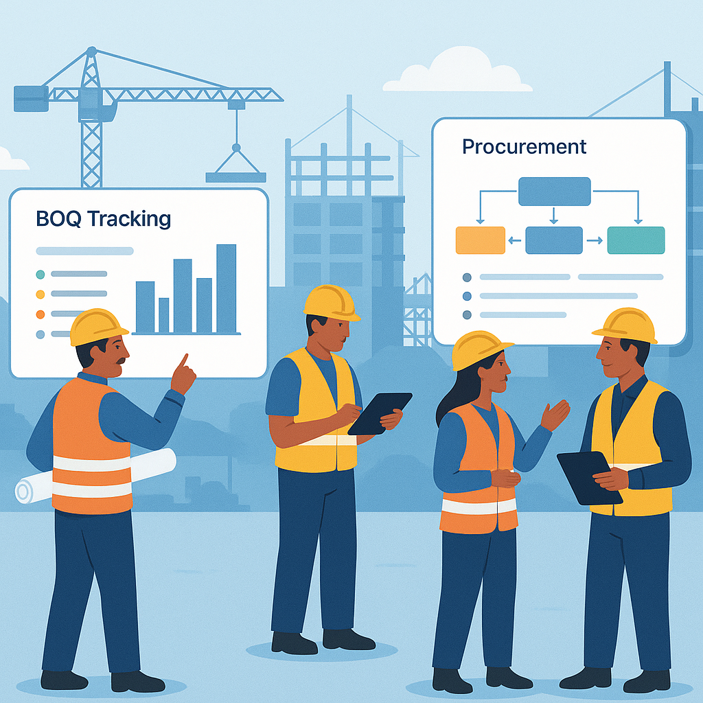 Illustration of Indian construction workers at a multi-site project with dashboards showing real-time BOQ tracking and p...