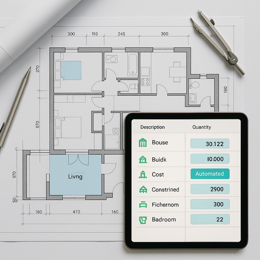 A detailed construction blueprint on a desk with a tablet displaying AI-powered takeoff software, highlighting automated...