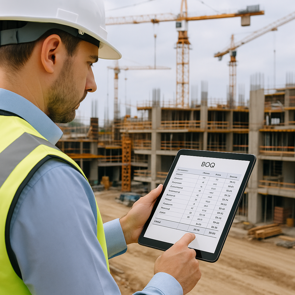 A construction project manager reviewing a digital BOQ on a tablet, with a detailed cost breakdown on the screen, set ag...