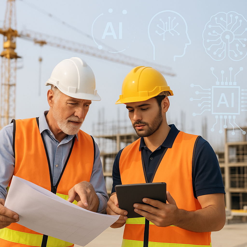 A scene of a construction site with a senior mentor guiding a younger worker using blueprints and a tablet. AI elements...
