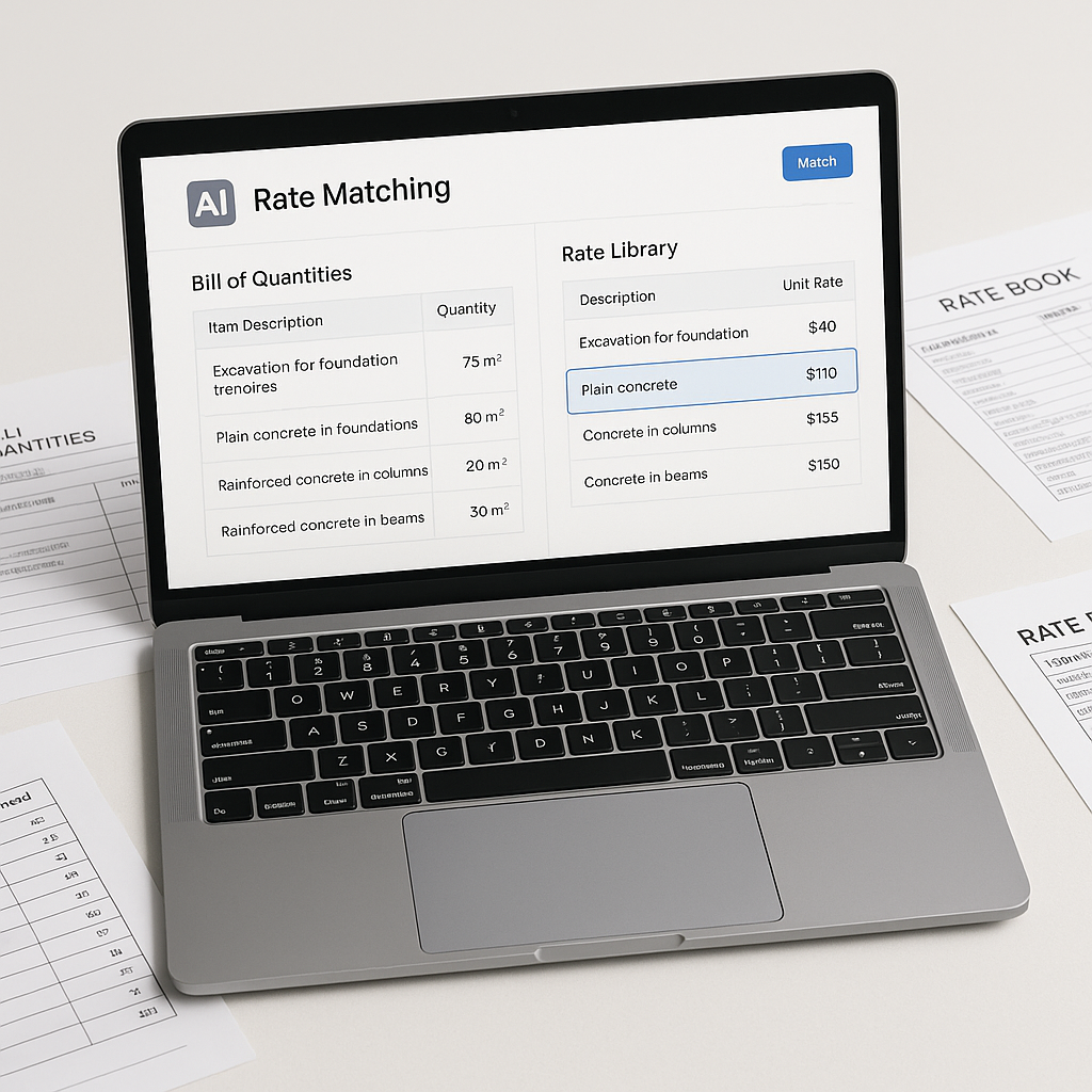 A laptop screen showing AI-powered construction estimation software with a rate matching interface, surrounded by printe...