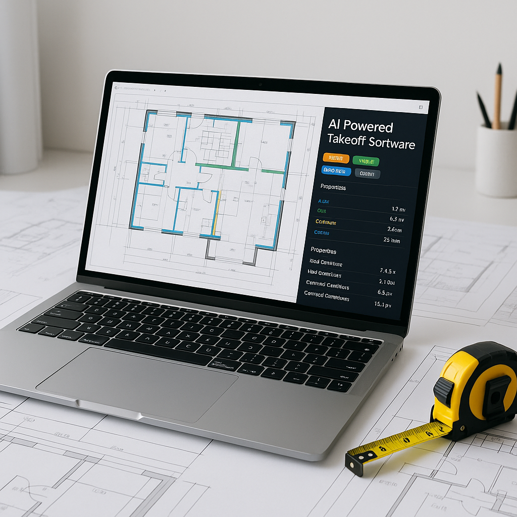 A modern contractor's desk with a laptop displaying AI-powered takeoff software, surrounded by blueprints and a measurin...