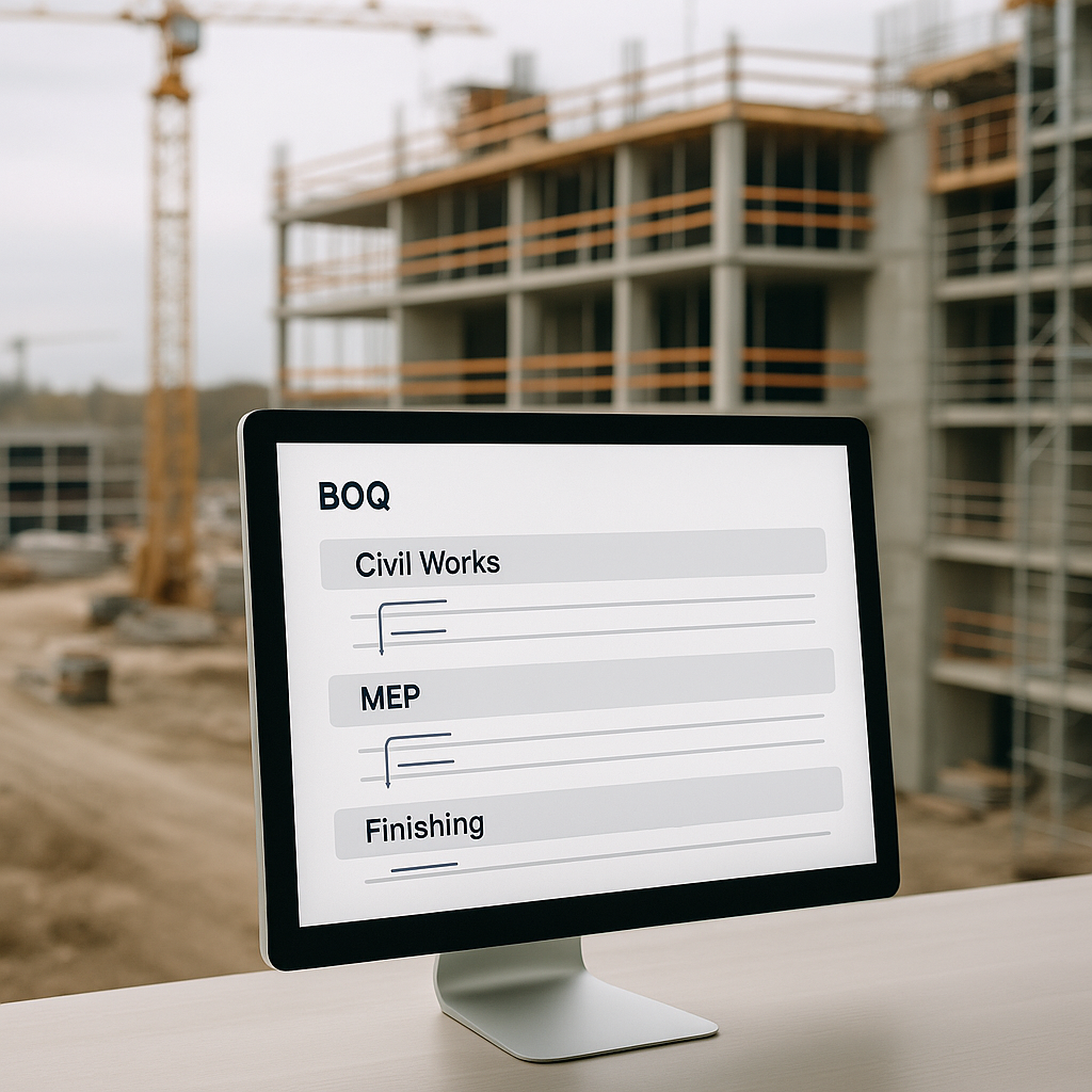 A construction project site with an organized Bill of Quantities (BOQ) hierarchy displayed on a computer screen, showing...