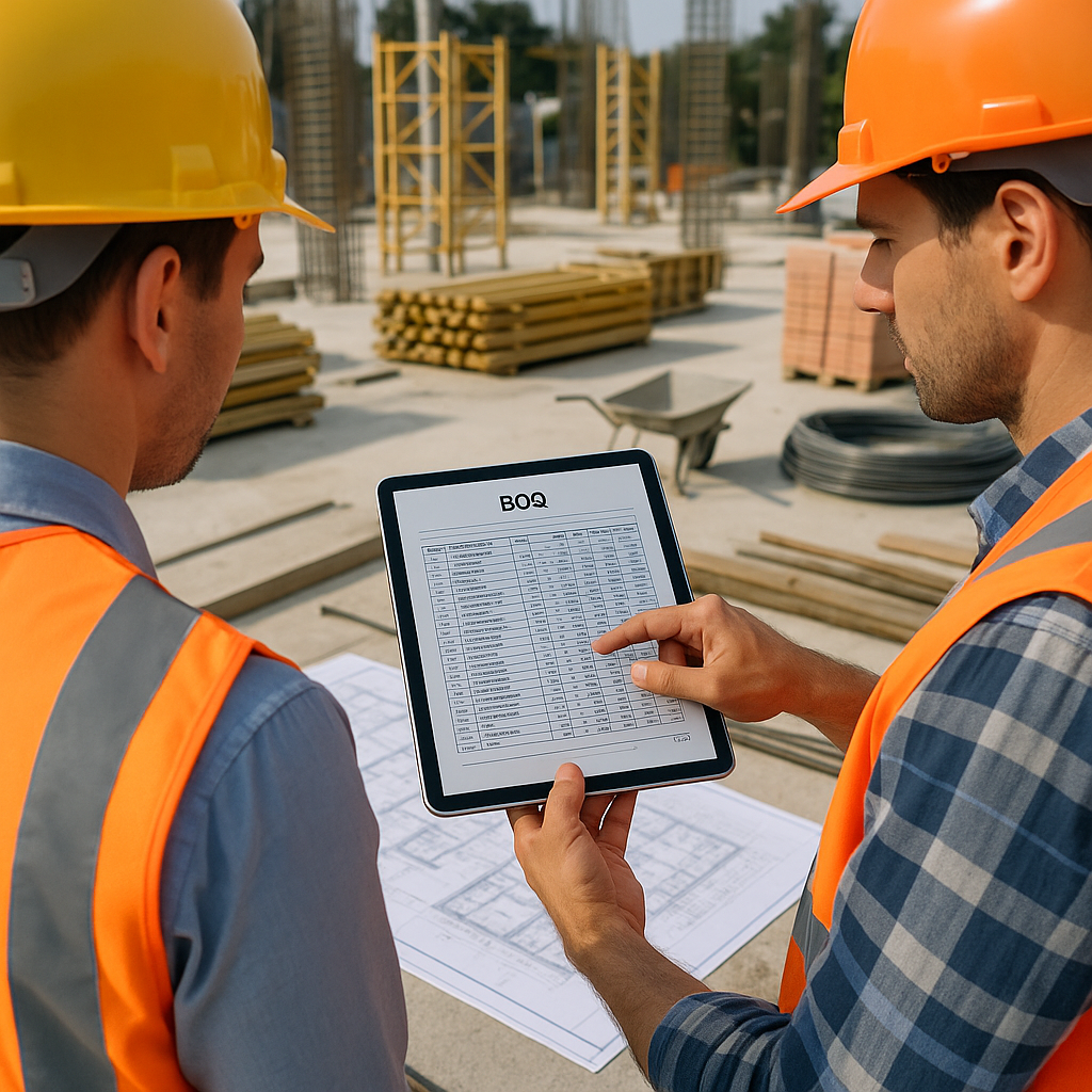 An organized construction site with workers reviewing a detailed BOQ document on a digital tablet, surrounded by constru...