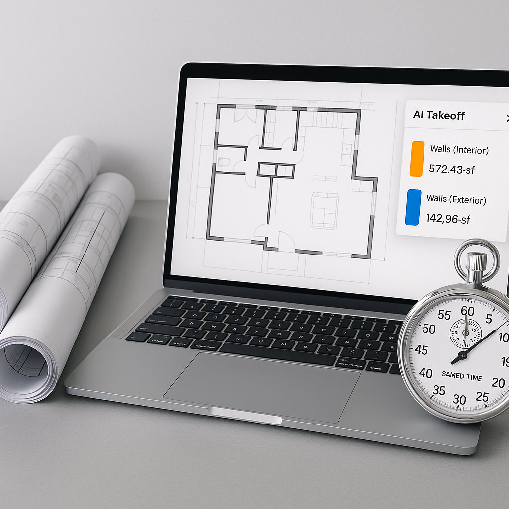 A modern construction estimator's desk with rolled-up blueprints, a laptop displaying AI-powered takeoff software, and a...