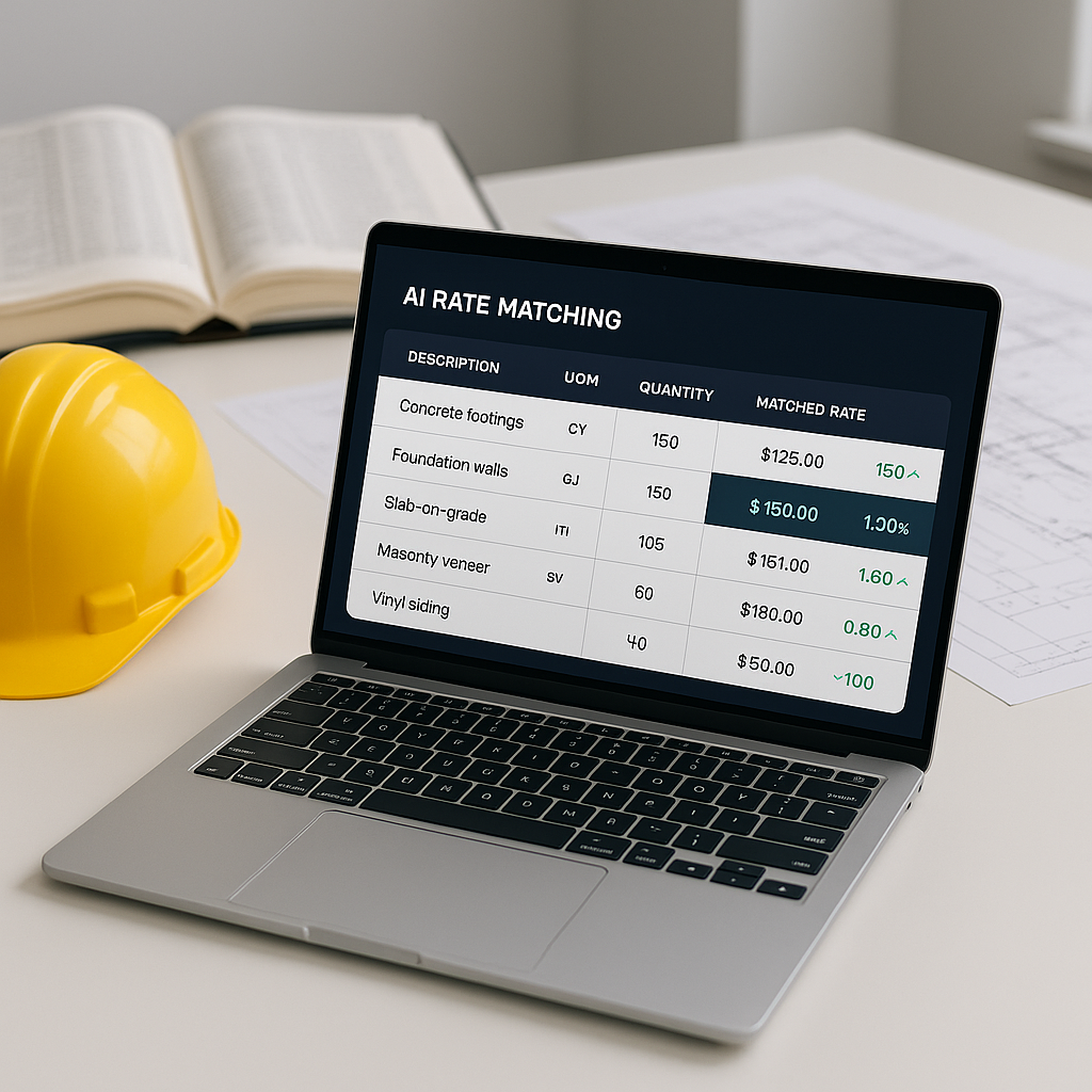 A construction estimator's desk with a laptop displaying AI-powered rate matching software. In the background, open rate...