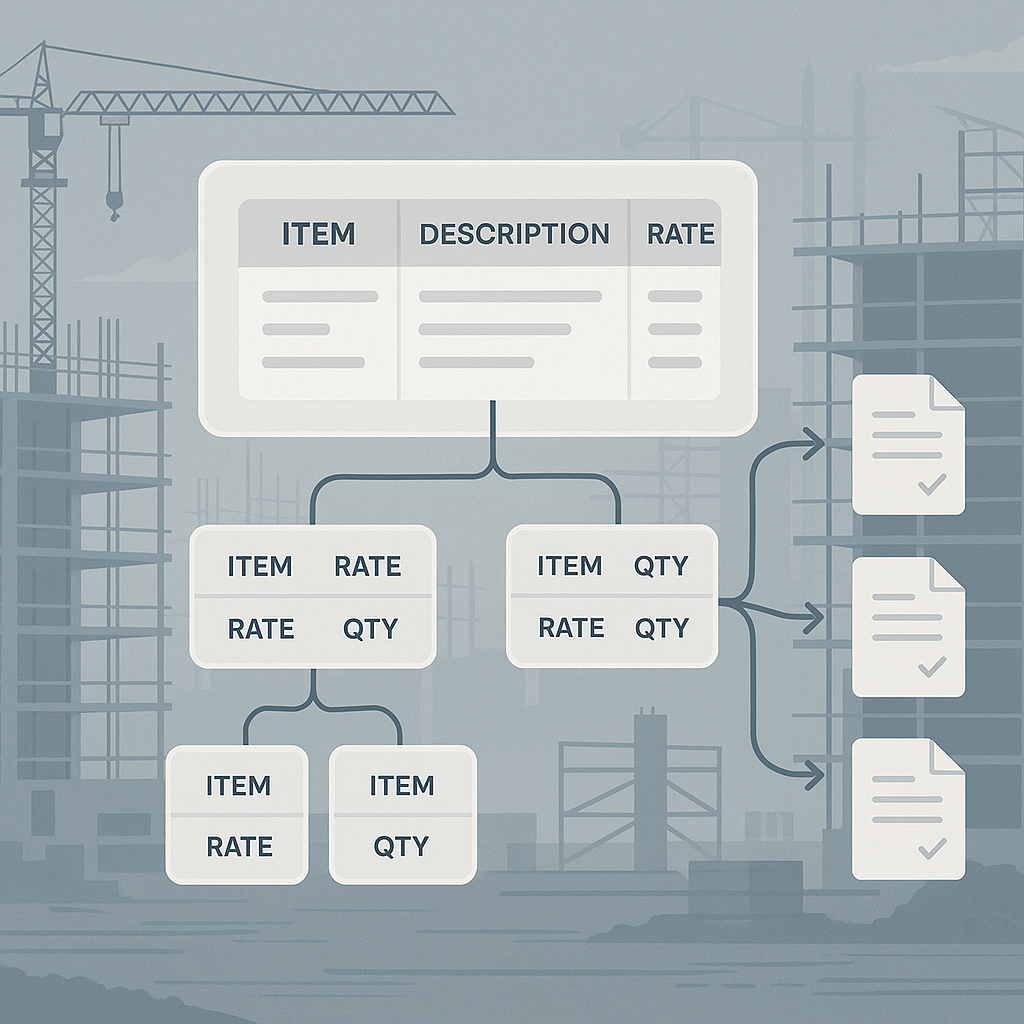 A detailed illustration of a BOQ hierarchy with procurement workflow connections, showing items, rates, and quantities,...