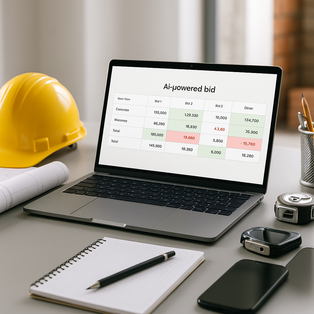 A construction estimator's desk with a laptop displaying an AI-powered sub bid leveling tool. The screen shows a compari...