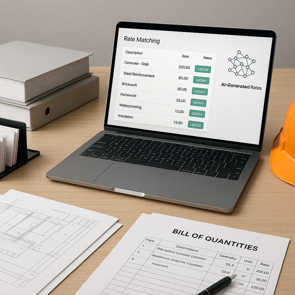 A detailed image showing a modern construction estimator's desk with a laptop displaying AI-powered rate matching softwa...