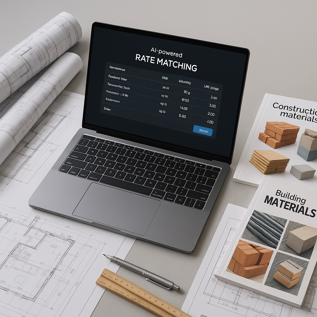An estimator's desk with a laptop showing an AI-powered rate matching tool, surrounded by construction drawings and mate...