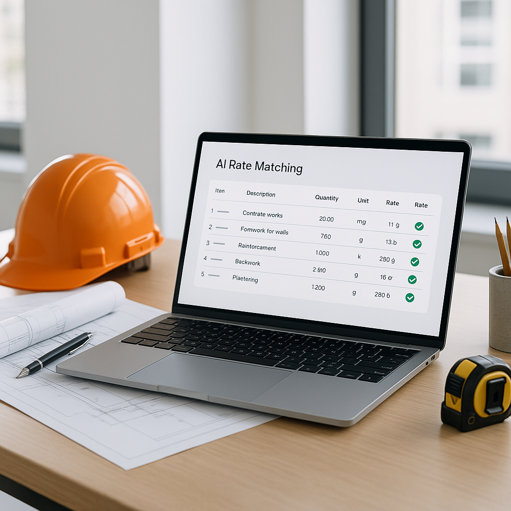 A modern construction estimator's desk with a laptop showing AI-powered rate matching results, highlighting precise rate...