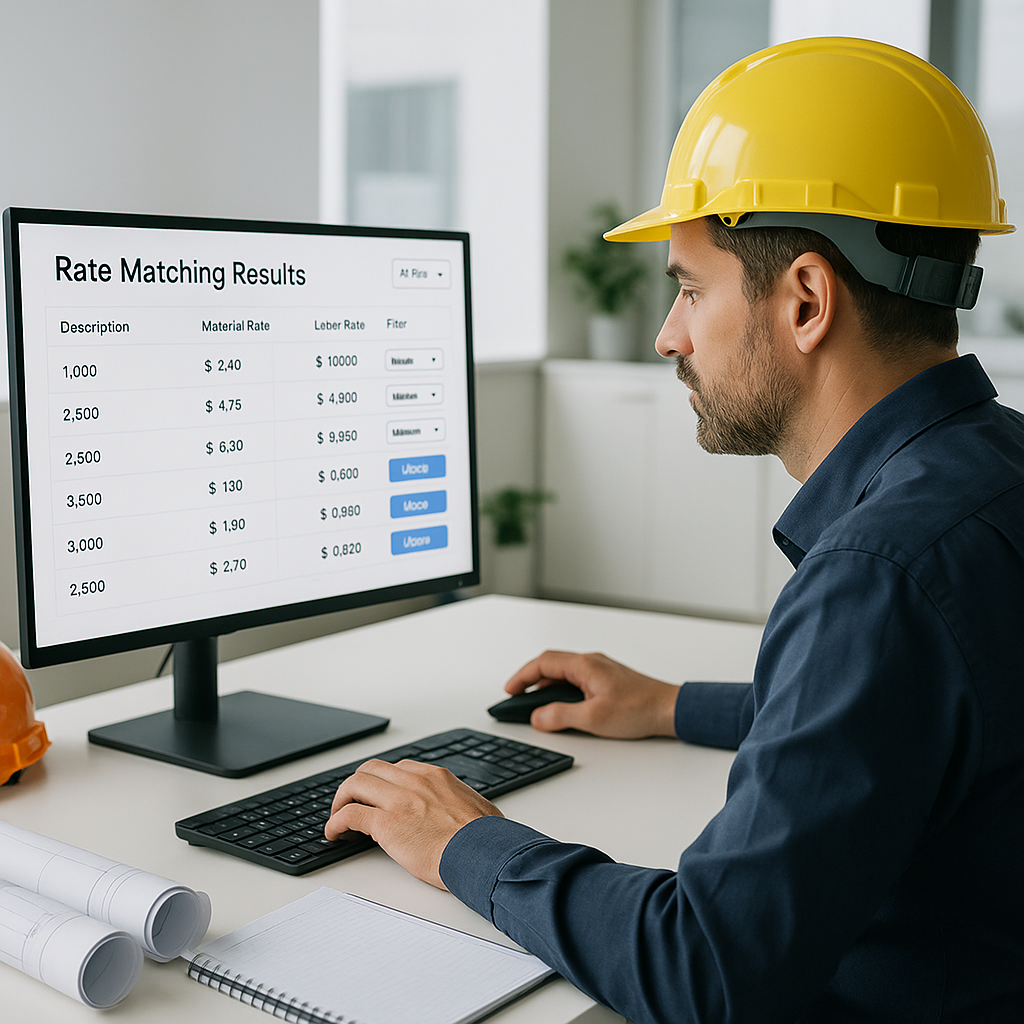 A construction estimator at a desk using an AI-powered software interface, with a screen showing rate matching results f...