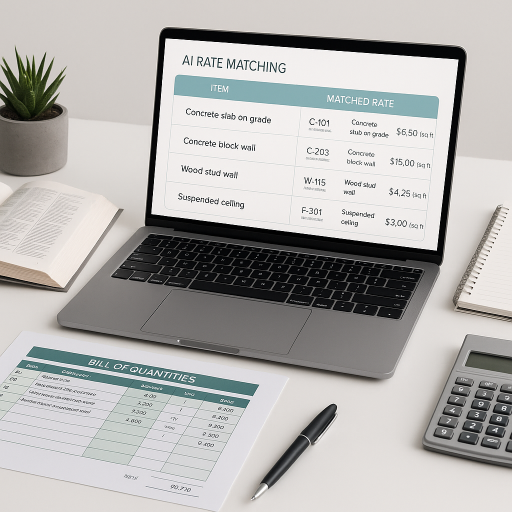A modern construction estimator’s desk with a laptop screen showing AI-powered rate matching software, rate catalogs ope...