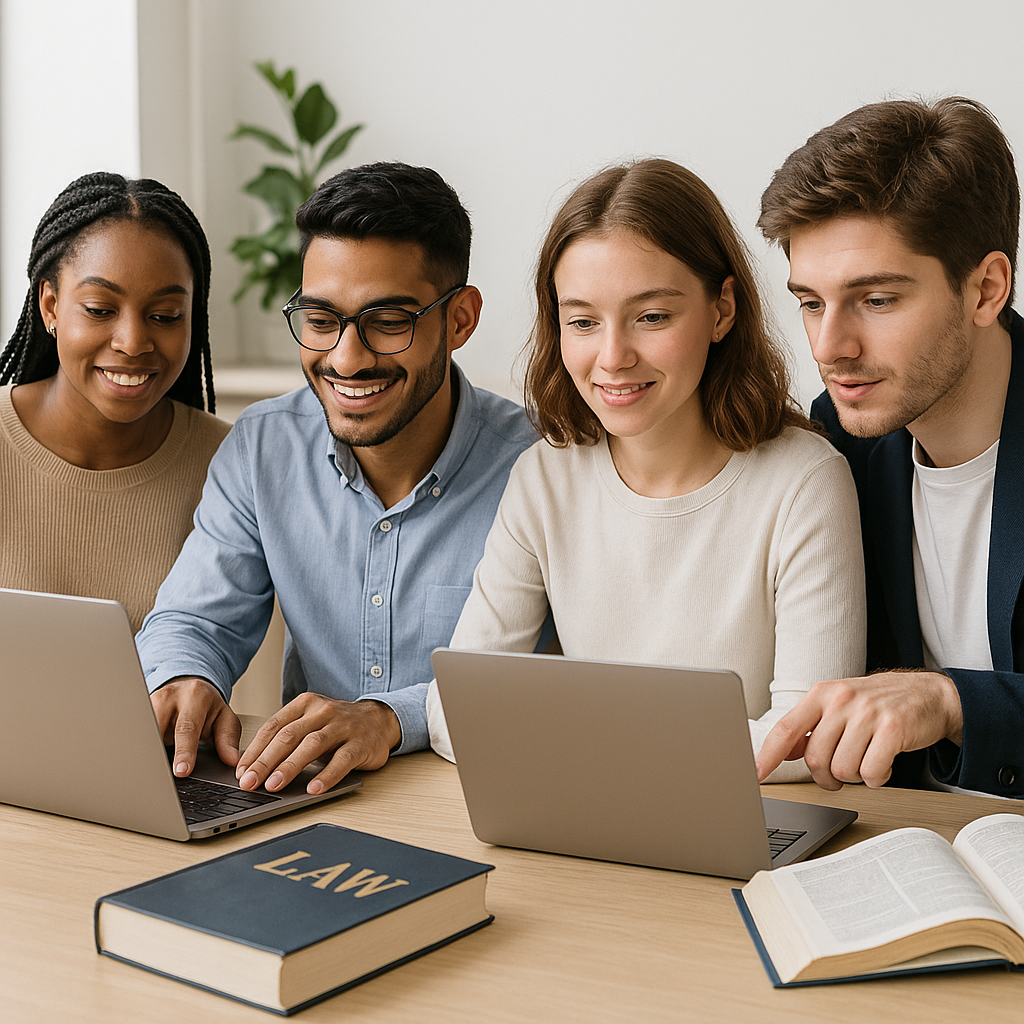 An image of a diverse group of young professionals studying together online, with laptops open and legal textbooks nearb...