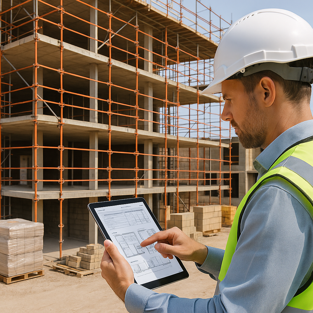 A construction site with a contractor using a tablet to update a bill of quantities on-site, featuring scaffolding, mate...