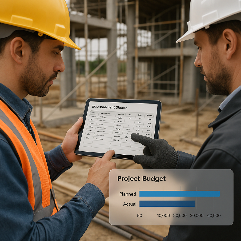 A construction site with workers reviewing digital measurement sheets on a tablet, with a visible project budget chart o...