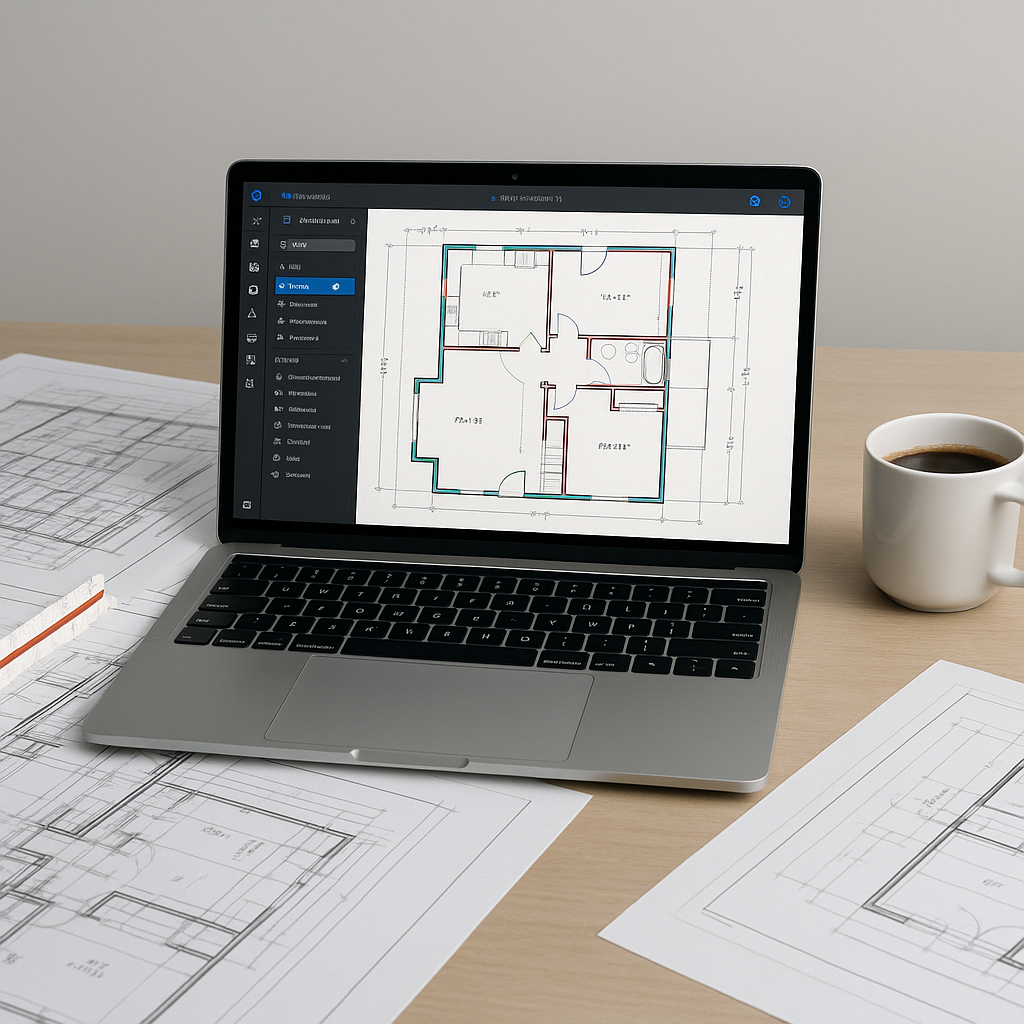 A modern construction estimator's desk with a laptop displaying AI takeoff software analyzing a PDF drawing. Include blu...
