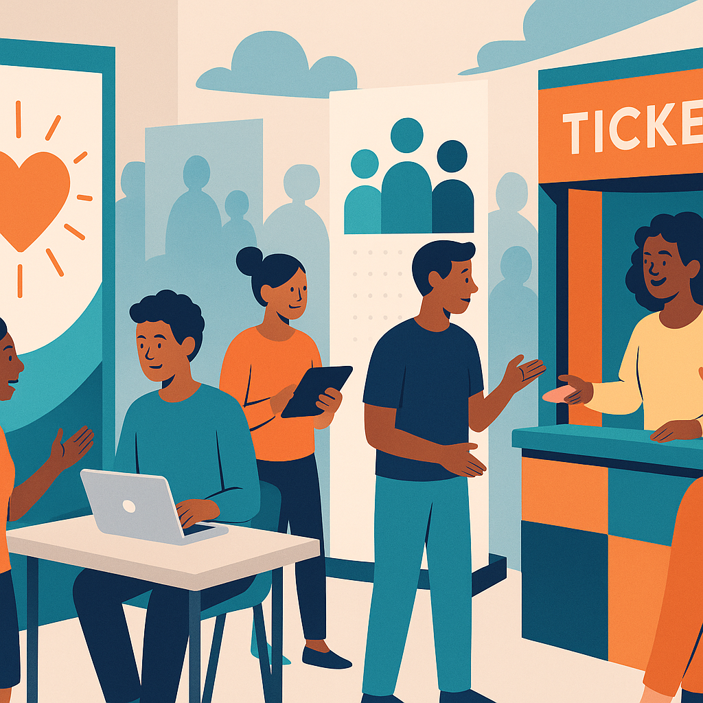 An illustration of a nonprofit community event, showing diverse attendees engaging with creative promotional banners, in...