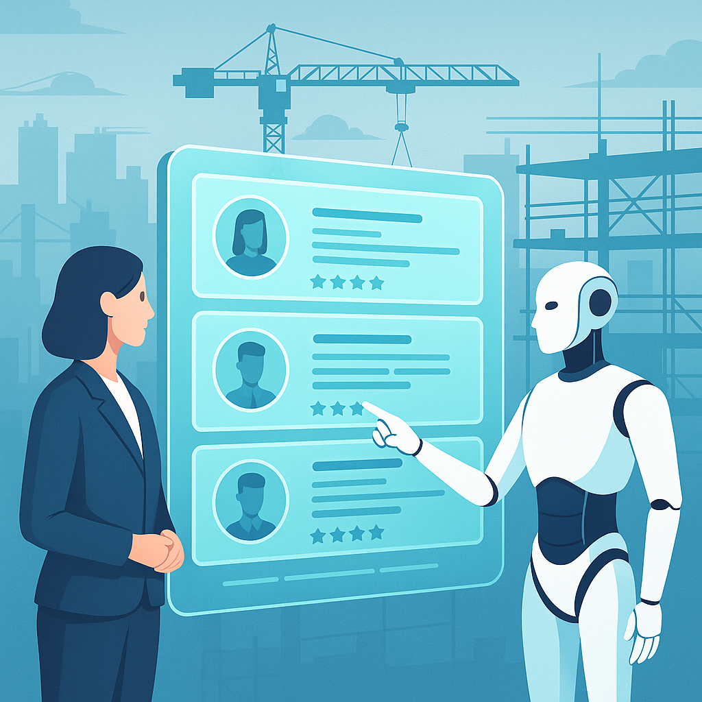 A futuristic recruitment scene with AI analyzing resumes on a large digital interface, overlaid with a construction site...