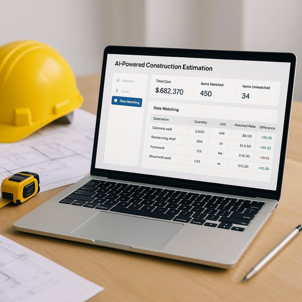 A laptop screen displaying an AI-powered construction estimation dashboard with rate matching results. Background: a des...