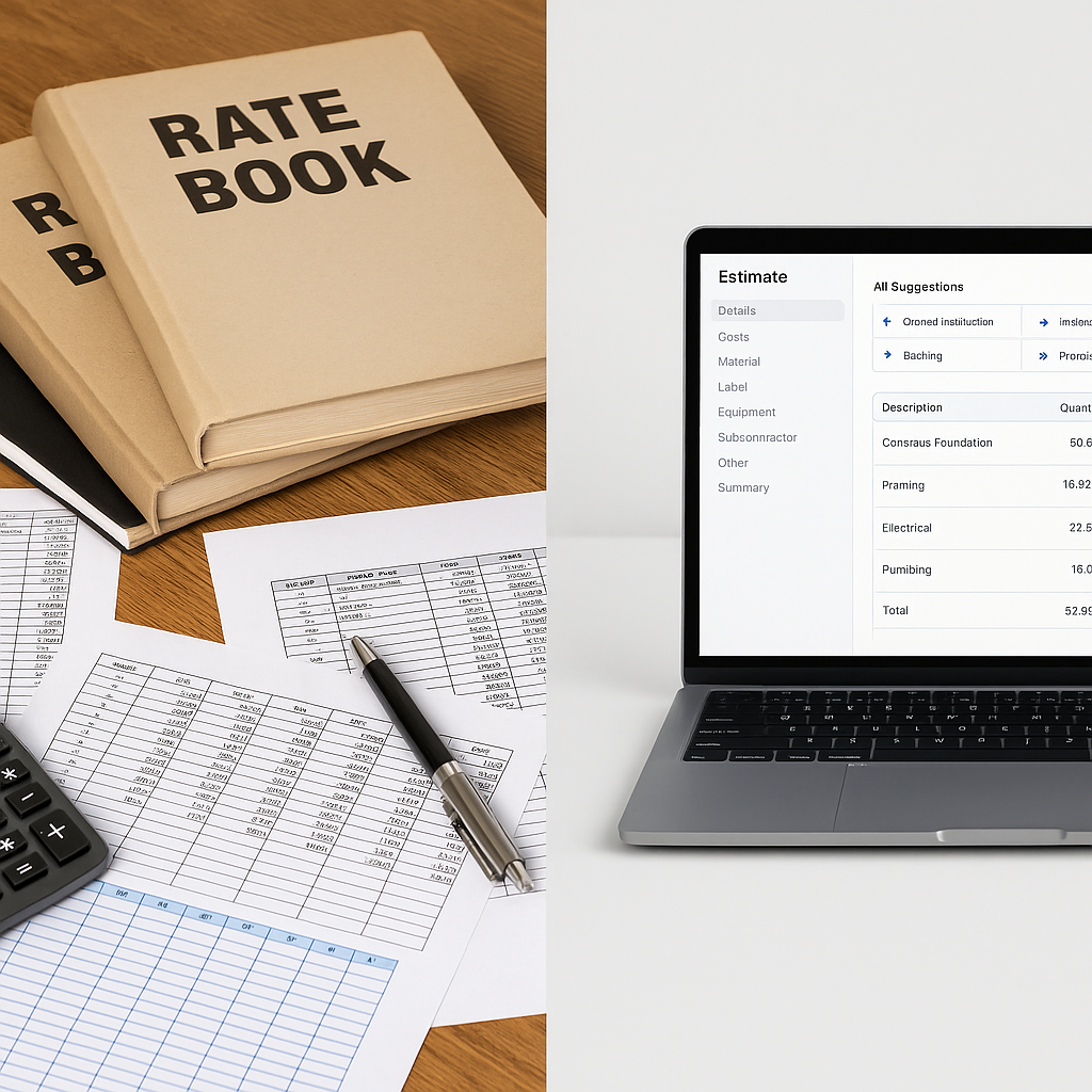 A split-screen image showing a cluttered desk with rate books and Excel sheets on one side, and a clean, modern laptop i...