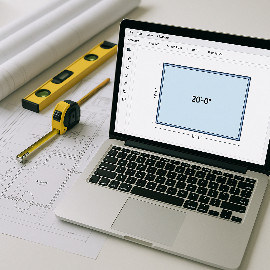 A construction estimator's desk with a laptop running AI-powered takeoff software, displaying room dimensions extracted...