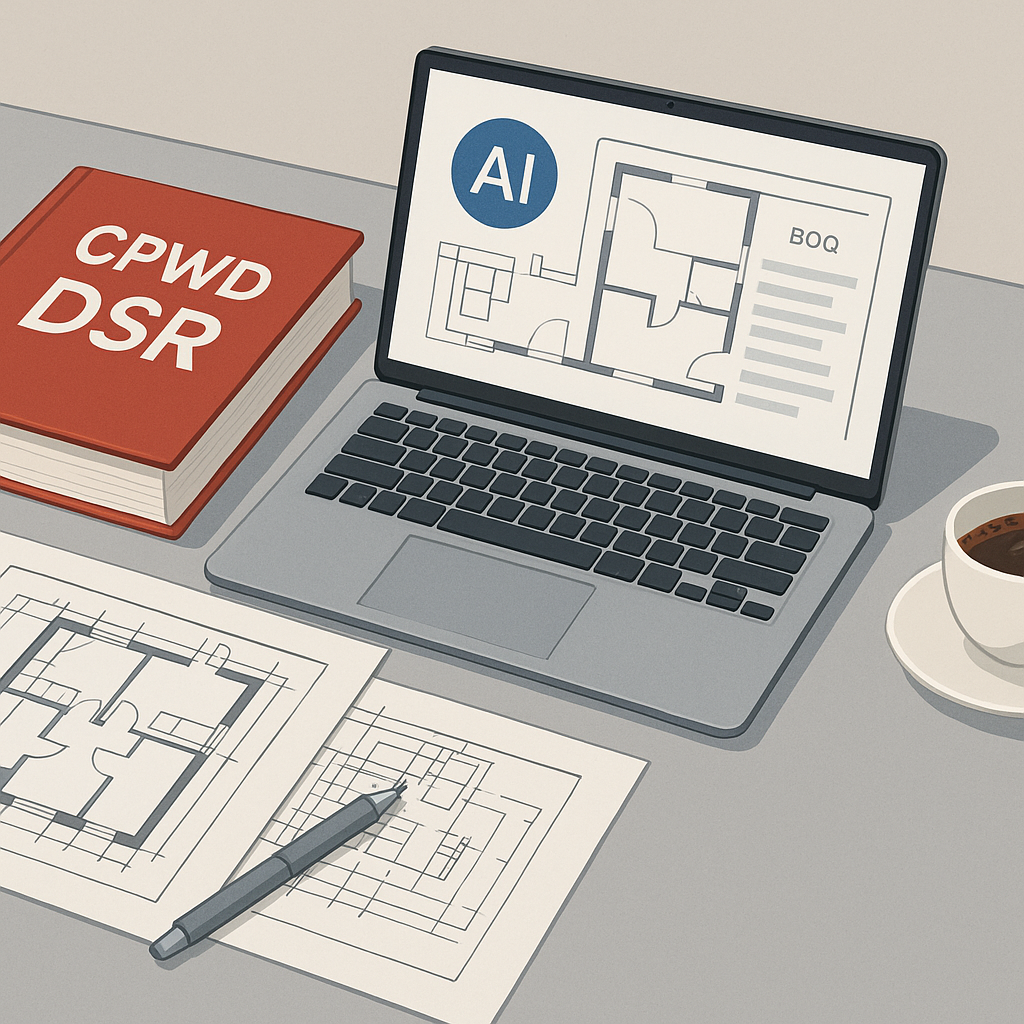 A detailed illustration of a construction estimator's desk with a CPWD DSR book, architectural drawings, a laptop showin...