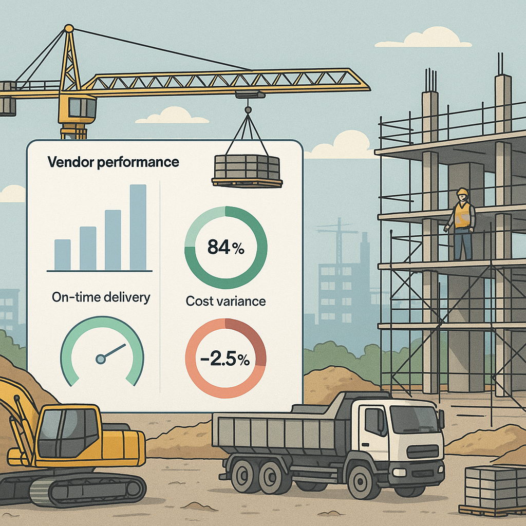 A detailed illustration of a construction project site with a digital dashboard overlay showing vendor performance metri...