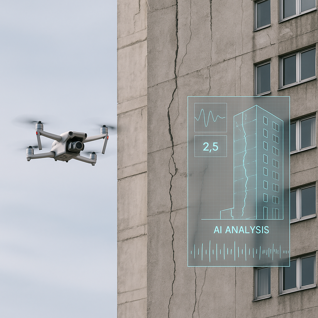 A drone inspecting the side of an aging high-rise building with visible cracks, accompanied by a digital overlay showing...