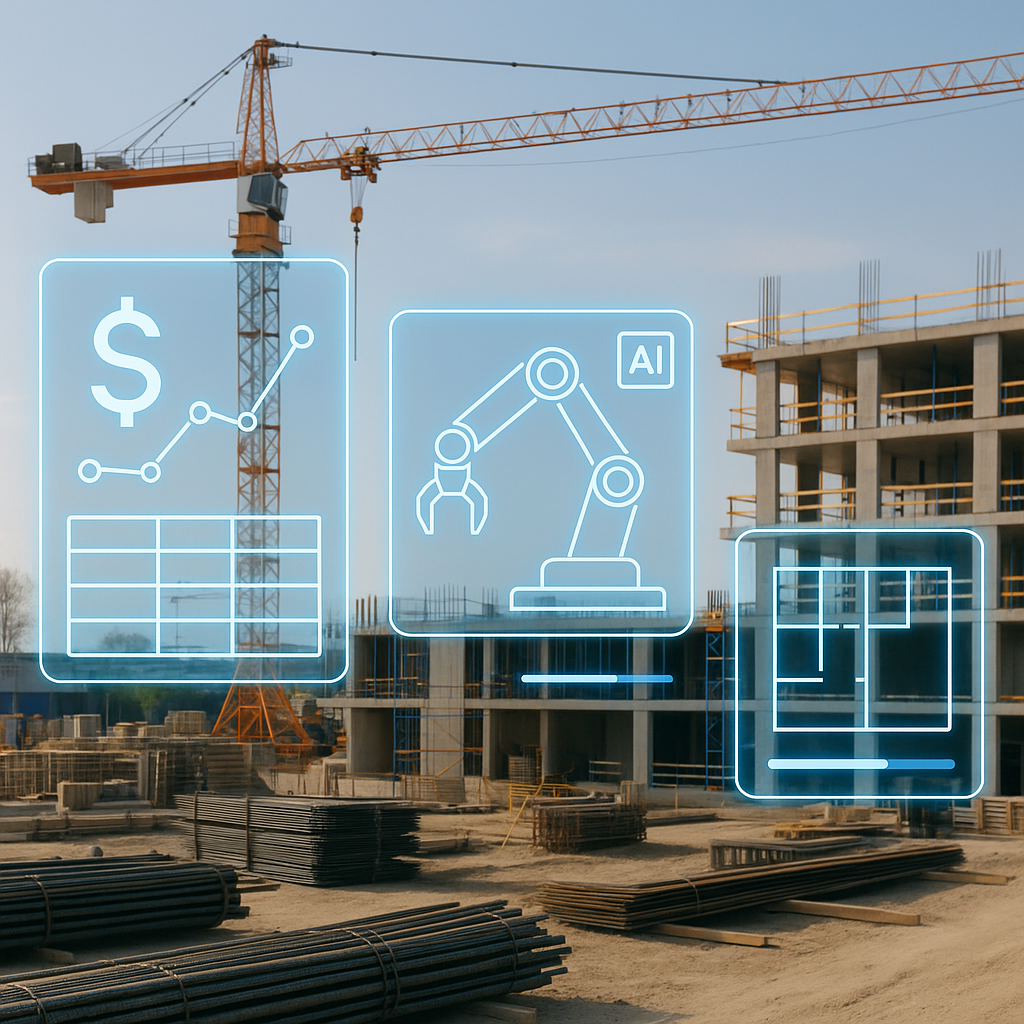 A construction site with futuristic AI-powered tools overlayed, showing digital rate matching and takeoff processes.
