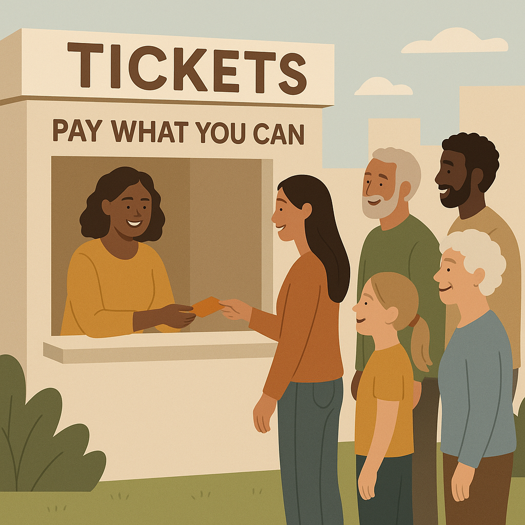 A small community group hosting an event with a ticket booth. The sign reads 'Tickets: Pay What You Can'. People of dive...