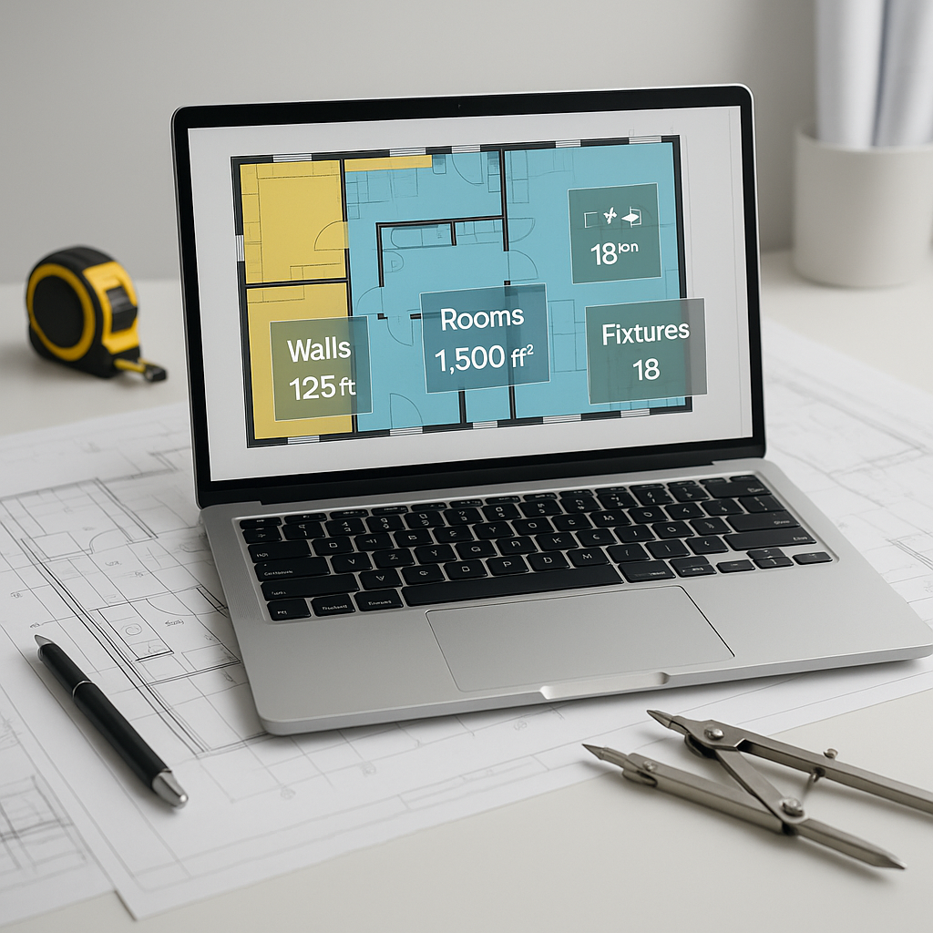 A modern construction desk with blueprints, a laptop running AI takeoff software, and a digital overlay showing extracte...