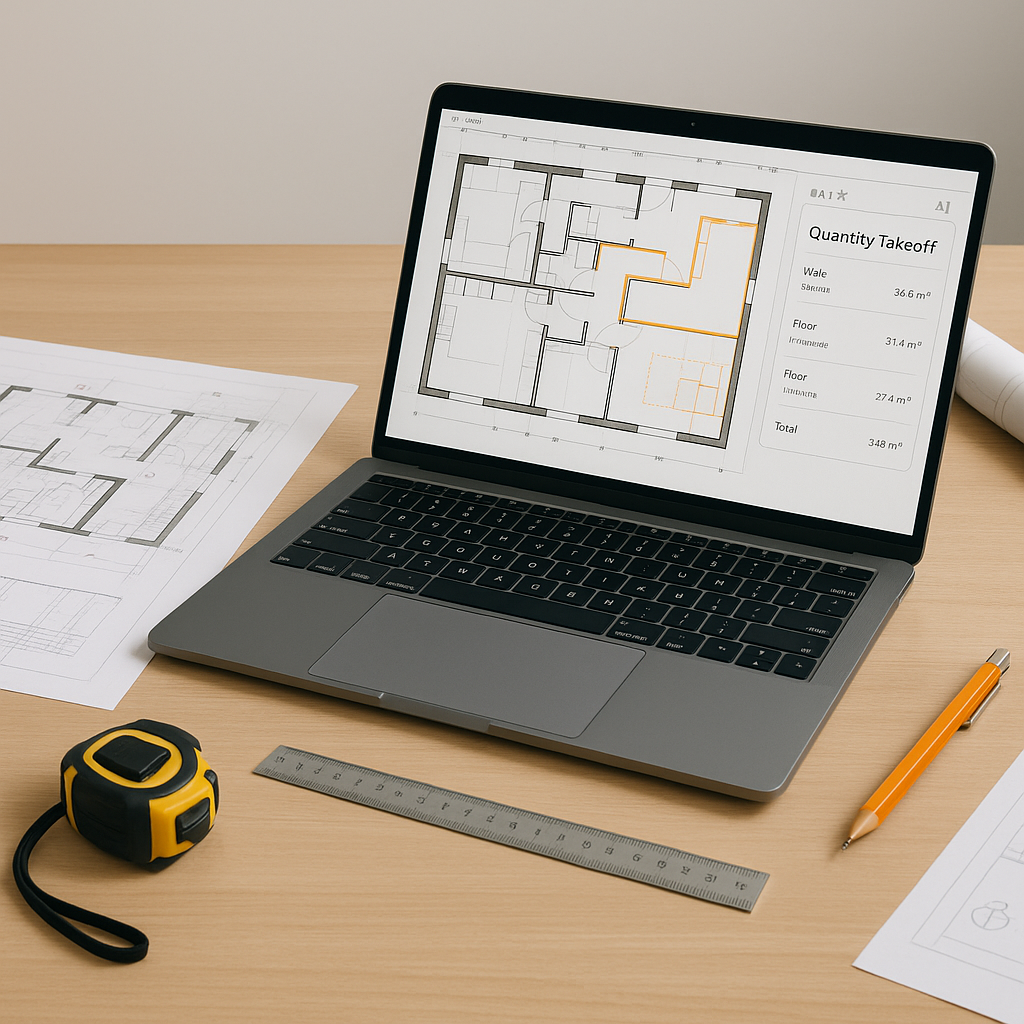 A construction estimator's desk with a laptop showing AI-powered software performing quantity takeoffs, alongside bluepr...