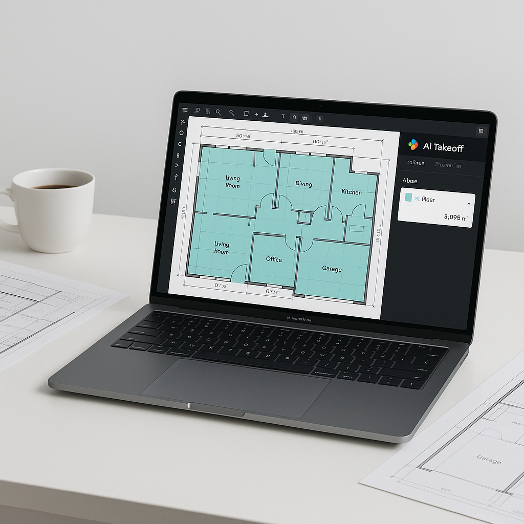 A modern construction estimator's desk with a laptop displaying an AI-powered takeoff interface, alongside blueprints an...
