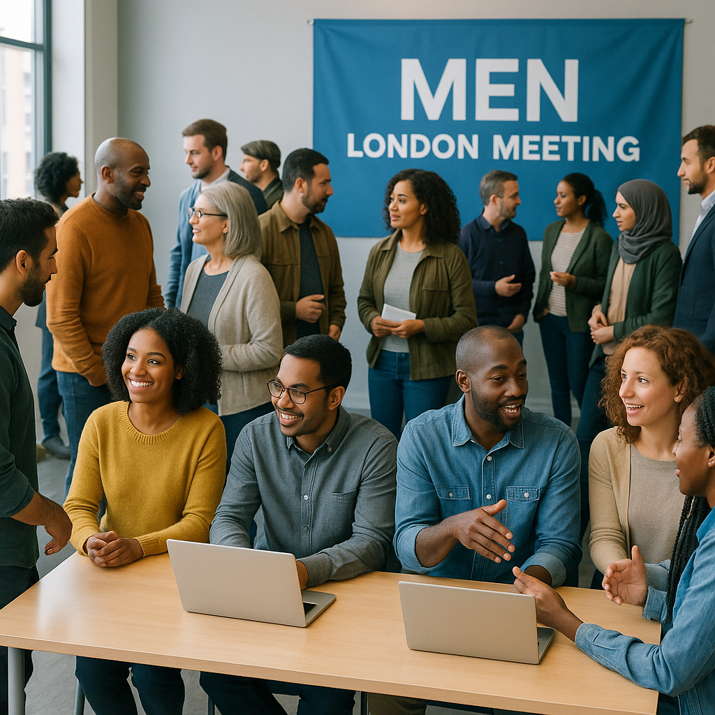 A bustling community event with diverse attendees engaging in discussions, a visible event banner reading 'MEN London Me...