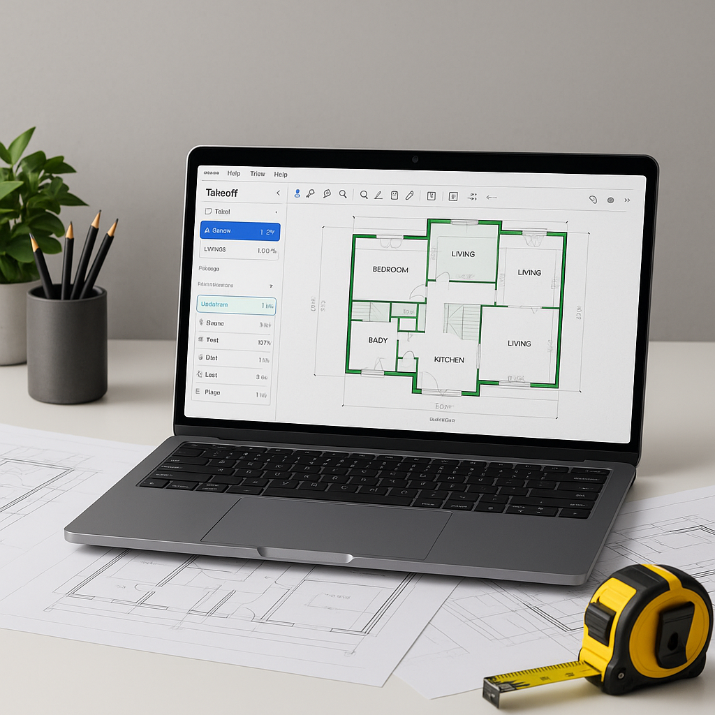 A modern construction estimator's desk with a laptop showing an AI-powered takeoff software interface. Blueprints and a...