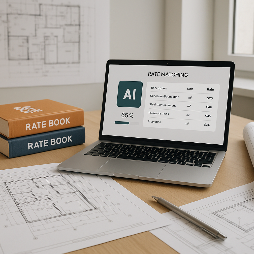A realistic scene of a construction estimator's desk with a laptop showing AI-powered rate matching in progress, surroun...