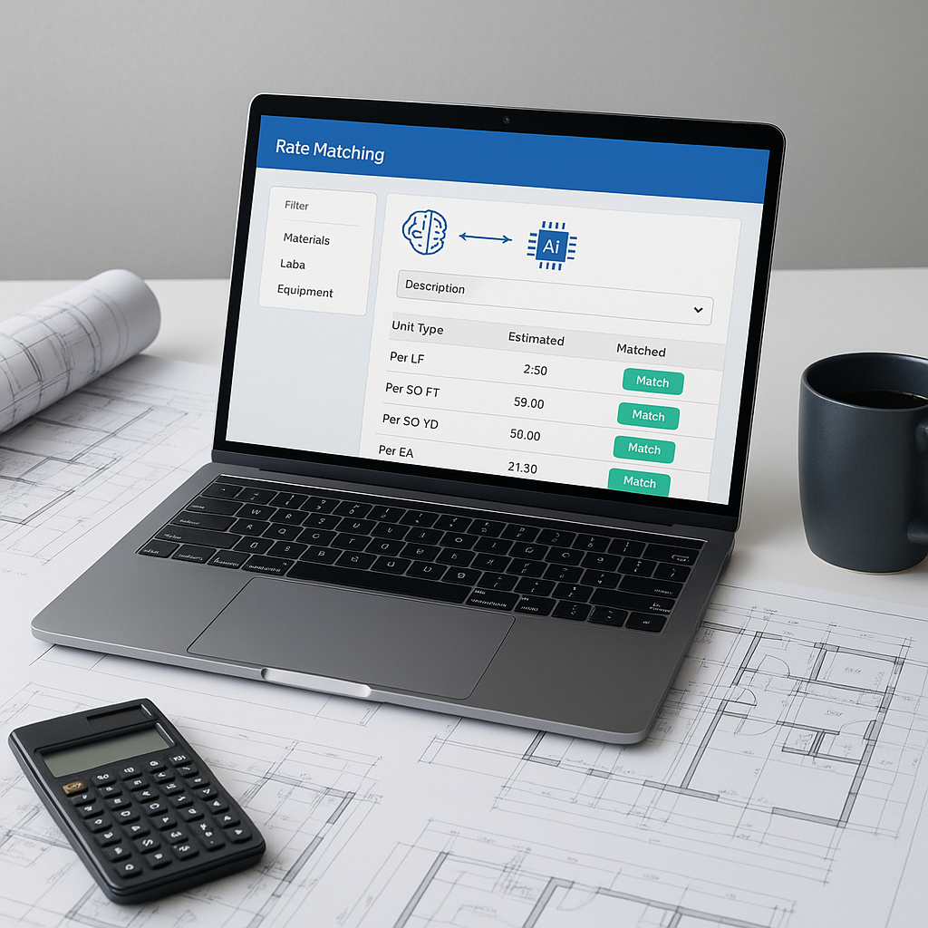 A construction estimator's desk with a laptop showing AI-powered rate matching software, surrounded by blueprints, a cal...