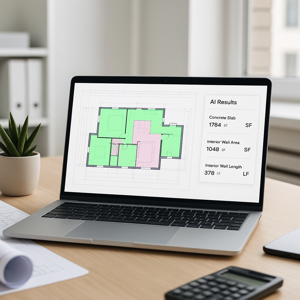 An estimator's desk with a laptop displaying an AI-powered takeoff tool, showing highlighted building drawings and autom...